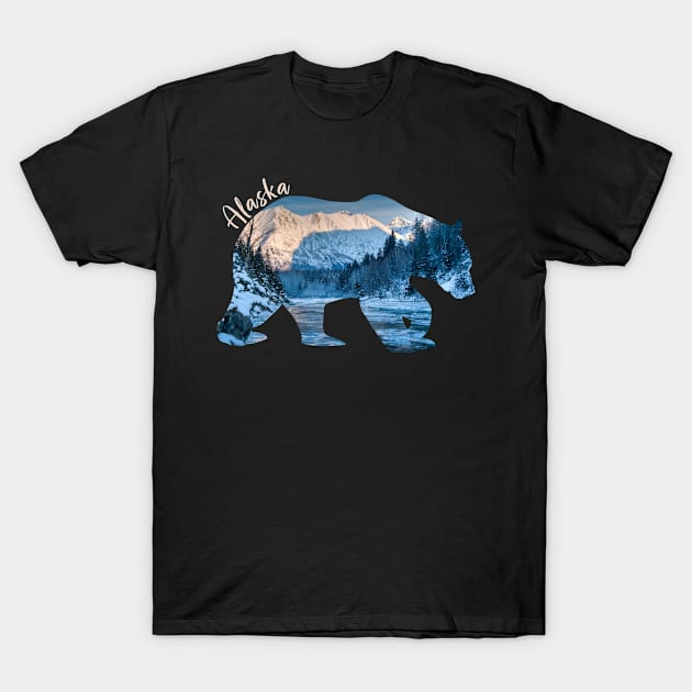 Winter Alaska Grizzly Bear Alaska Mountain Silhouette T-Shirt by Name&God